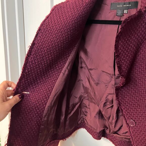 Zara Maroon Button Preppy Frayed Crop Blazer Jacket Size 8 - Picture 4 of 7